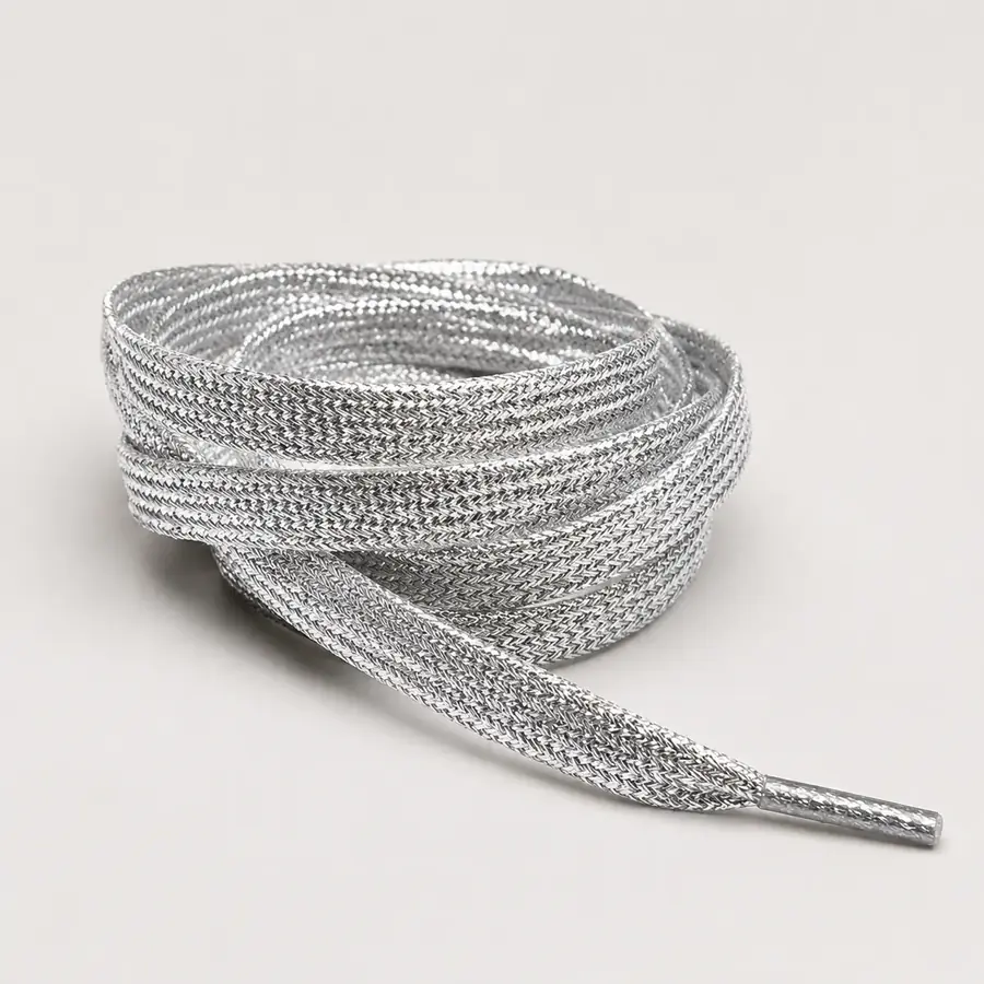 Silver metallic flat woven shoelace
