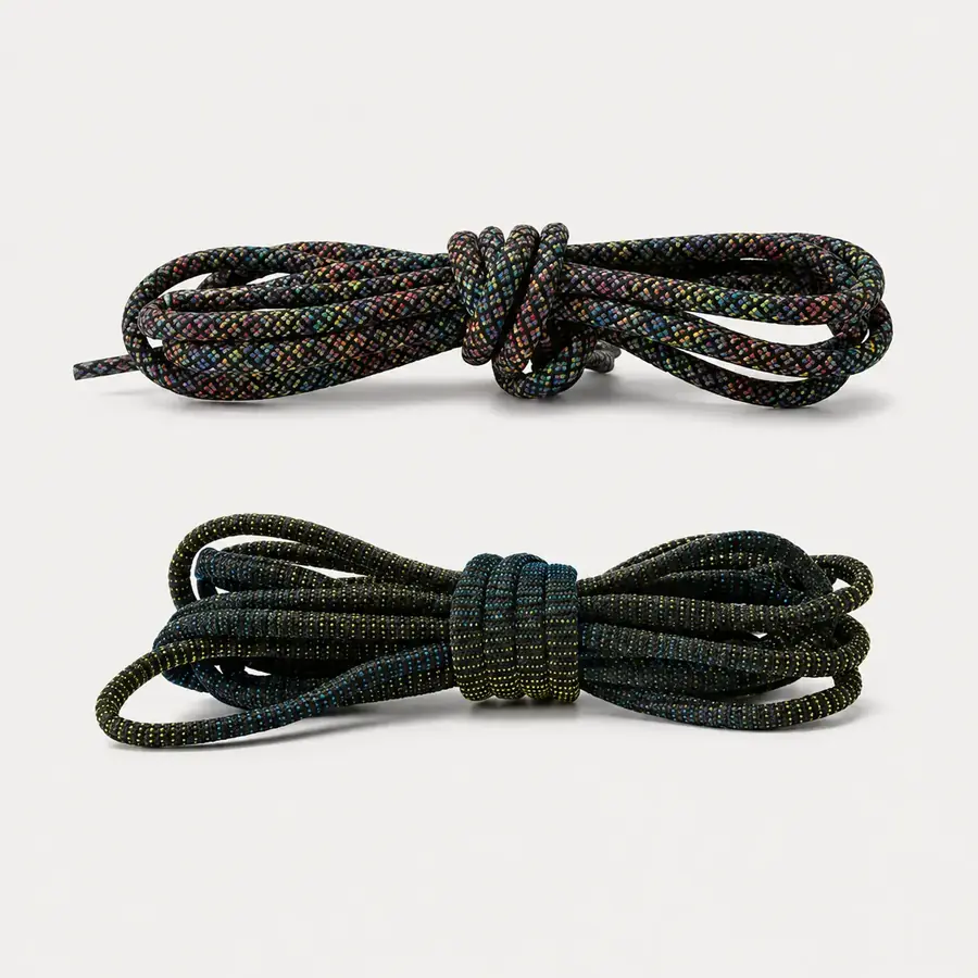 Two dark speckled braided round shoelaces